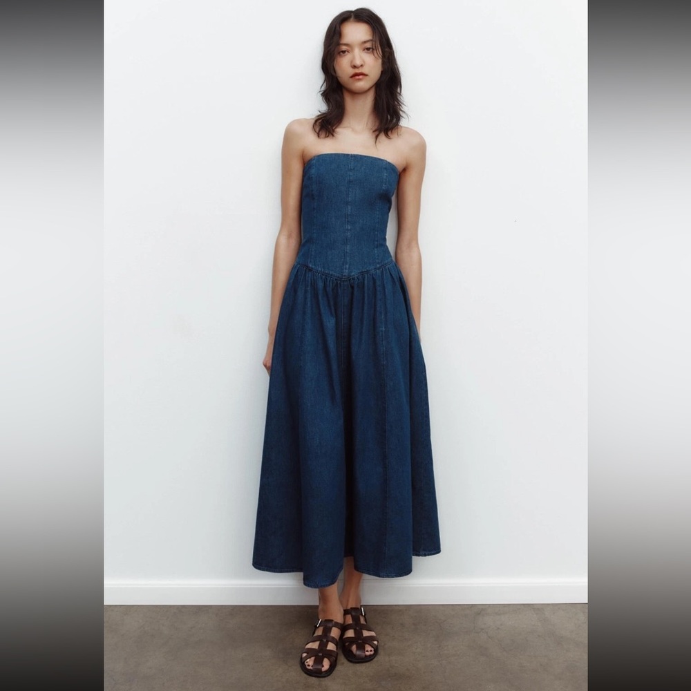 Zara Strapless Dark Blue Denim Midi Dress